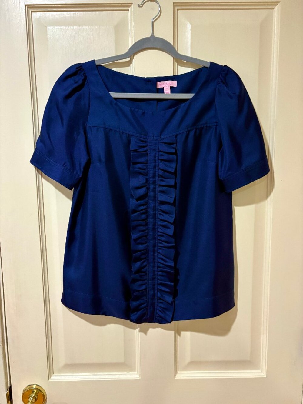Lilly Pulitzer Navy Ruffle Front Puff Sleeve Silk Blouse 2